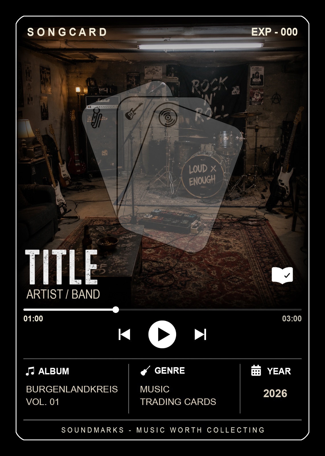 Soundmarks Songcard-Layout im Player-Design mit Proberaum-Motiv, Album „Burgenlandkreis Vol. 01“, Genre Music Trading Cards, Jahr 2026.